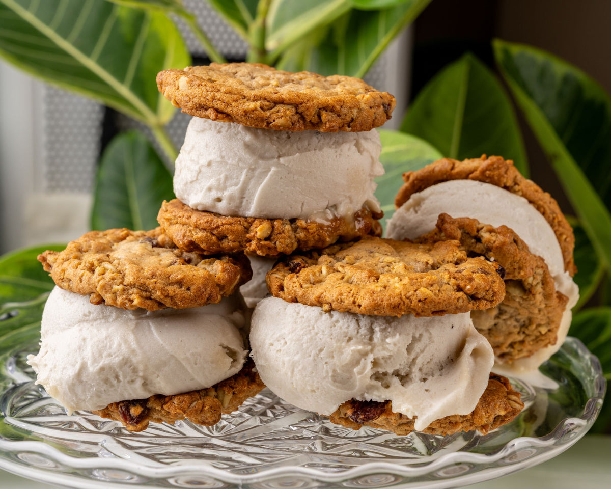 Vegan Horchata ice cream sandwiches on oatmeal raisin cookies from Cajou